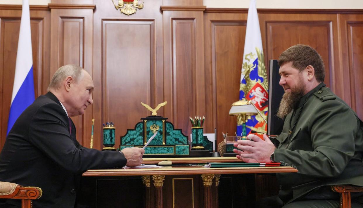 Vladimir Putin and Ramzan Kadyrov have a personal relationship based on mutual dependence. <a href="https://www.gettyimages.com/detail/news-photo/in-this-pool-photograph-distributed-by-sputnik-agency-news-photo/1694572246" rel="nofollow noopener" target="_blank" data-ylk="slk:Mikhail Metzel/Pool/AFP via Getty Images;elm:context_link;itc:0;sec:content-canvas" class="link ">Mikhail Metzel/Pool/AFP via Getty Images</a>