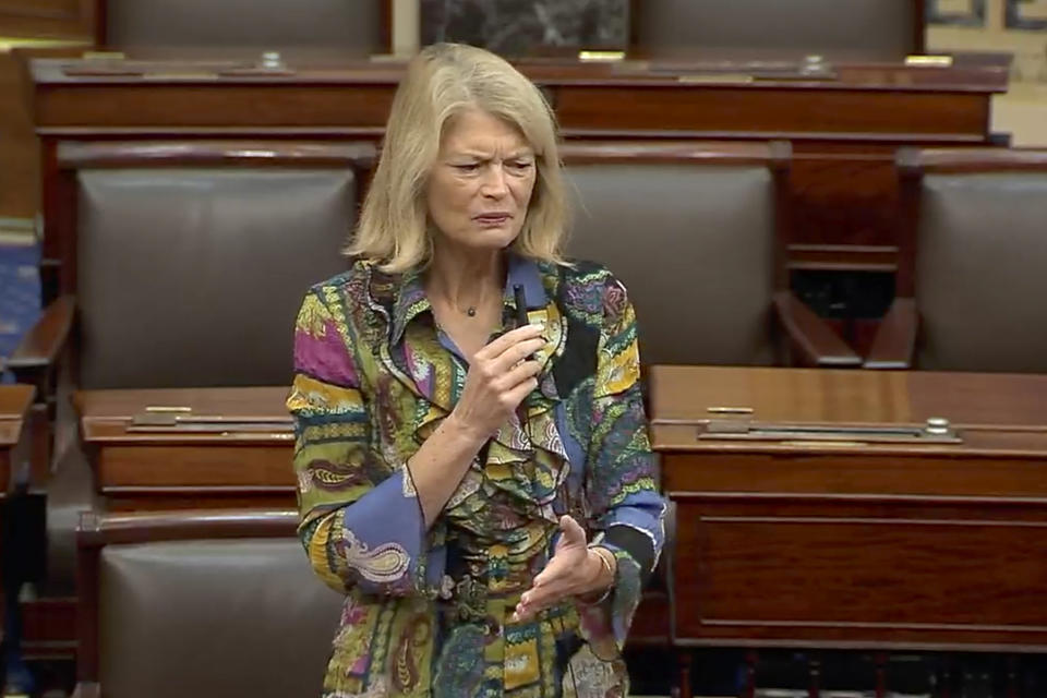 This image from U.S. Senate video, Sen. Lisa Murkowski, R-Alaska, speaks about the late Sen. Dianne Feinstein in the Senate chamber on Friday, Sept. 29, 2023, in Washington. In tributes to Feinstein after her death, her female colleagues talked about her indomitable, fierce intelligence and how she had paved the way for so many women. Feinstein was the first female mayor of San Francisco, one of California’s first two female senators and the first female chairwoman of the Senate Intelligence Committee. (Senate Television via AP)