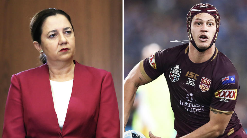 QLD Premier Annastacia Palaszczuk (pictured left) talking to the media and Kalyn Ponga (pictured right) passing the ball.