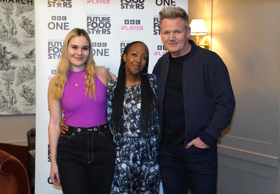 Holly Ramsay, Angellica Bell and Gordon Ramsay at the launch of Gordon Ramsay's Future Food Stars, a new food entertainment series for BBC One, in Soho, London. Picture date: Thursday March 10, 2022. (Photo by Kirsty O'Connor/PA Images via Getty Images)