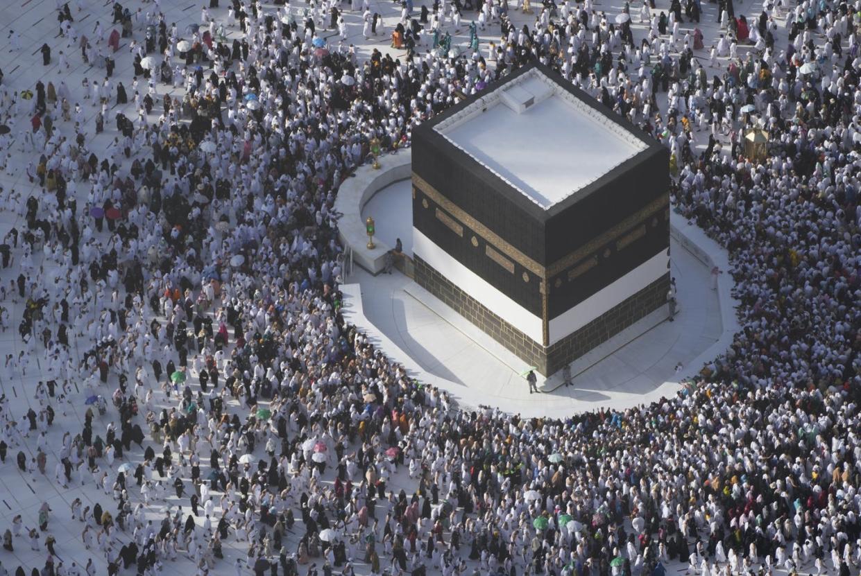 <span class="caption">A view of the Kaaba at the Grand Mosque during the hajj pilgrimage in the Muslim holy city of Mecca in Saudi Arabia on July 6, 2022.</span> <span class="attribution"><a class="link " href="https://newsroom.ap.org/detail/SaudiArabiaHajj/1ac9b0704ee7470688d0e419c9ed06af/photo?Query=hajj%202022&mediaType=photo&sortBy=&dateRange=Anytime&totalCount=65&currentItemNo=25" rel="nofollow noopener" target="_blank" data-ylk="slk:AP Photo/Amr Nabil;elm:context_link;itc:0;sec:content-canvas">AP Photo/Amr Nabil</a></span>