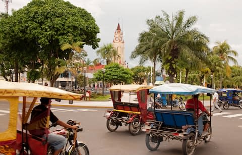 City square and cathedral in Iquitos - Credit: Getty