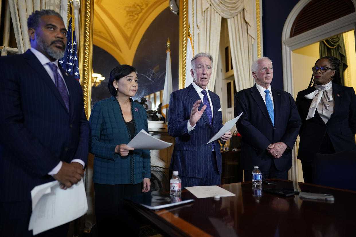 House Ways and Means Committee Chairman Richard Neal, D-Mass., talks to the media after the House Ways & Means Committee voted on whether to publicly release years of former President Donald Trump's tax returns during a hearing on Capitol Hill in Washington, Tuesday, Dec. 20, 2022. From left are Rep. Steven Horsford, D-NV., Rep. Judy Chu, D-Calif., Neal, Rep. Mike Thompson, D-Calif., and Del. Stacey Plaskett, D-Virgin Islands. (AP Photo/J. Scott Applewhite)