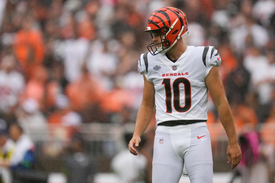 Cincinnati Bengals punter Brad Robbins (10) lines up to punt the ball away in the second quarter of the NFL Week 1 game between the Cleveland Browns and the Cincinnati Bengals at FirstEnergy Stadium in downtown Cleveland on Sunday, Sept. 10, 2023. The Browns led 10-0 at halftime.