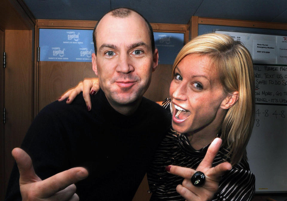 Johnny Vaughan and Denise Van Outen during her first Capital FM Breakfast Show (reprising the partnership with her former Big Breakfast colleague), at Capital Radio, in London.   (Photo by Joel Ryan - PA Images/PA Images via Getty Images)