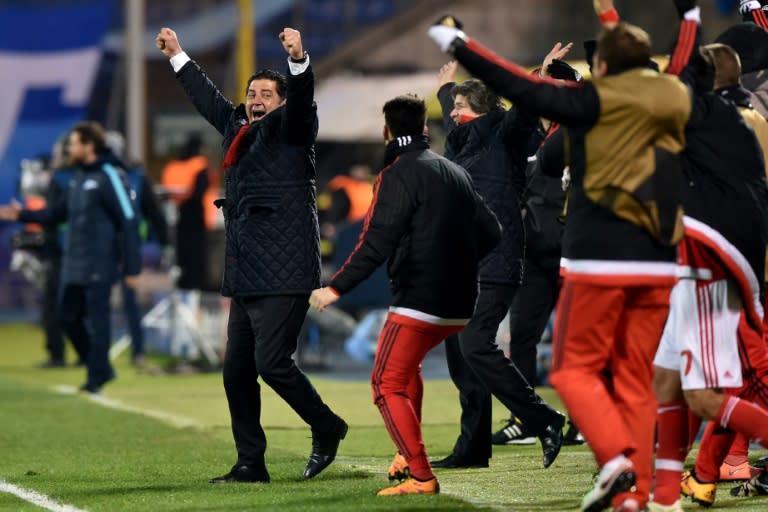 Benfica's coach Rui Vitoria celebrates his team's second goal on March 9, 2016