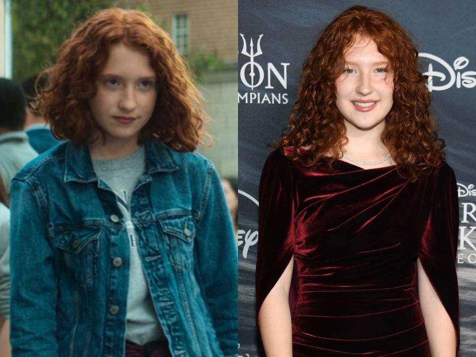 left: olivea morton as nancy bobofit in percy jackson, looking menacingly forward and wearing a jean jacket; right: olivea morton in a red velvet dress, smiling on a red carpet