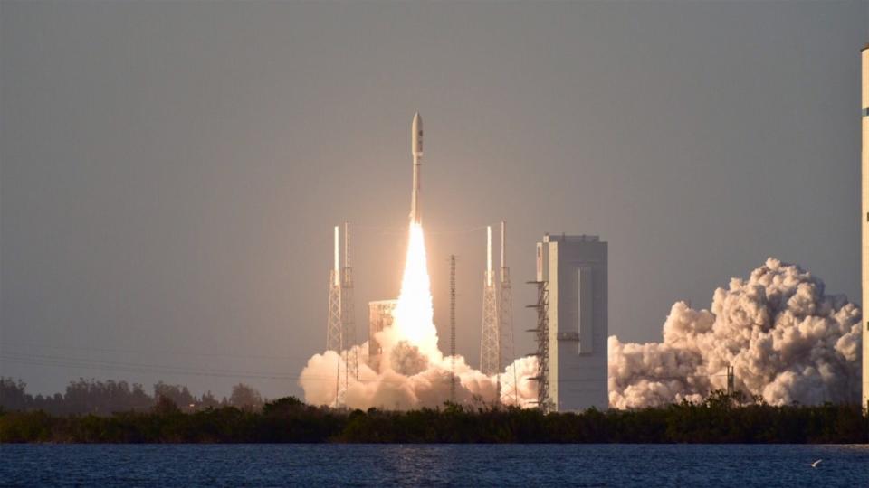 A United Launch Alliance Atlas V rocket carrying two military satellites on the AFSPC-11 mission launches from Cape Canaveral Air Force Base on April 14, 2018. <cite>U.S. Air Force Photo</cite>