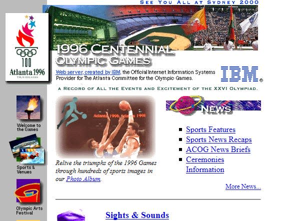 several icons and an image of people playing basketball on the 1996 Olympics website