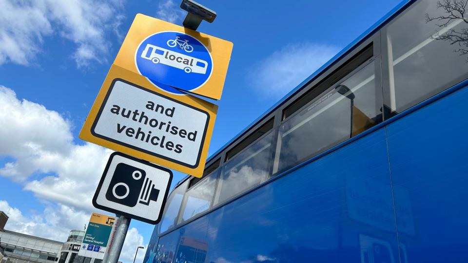 An ANPR camera monitors the bus barrier in Portland Terrace, Southampton. Photographed on a cloudy day.