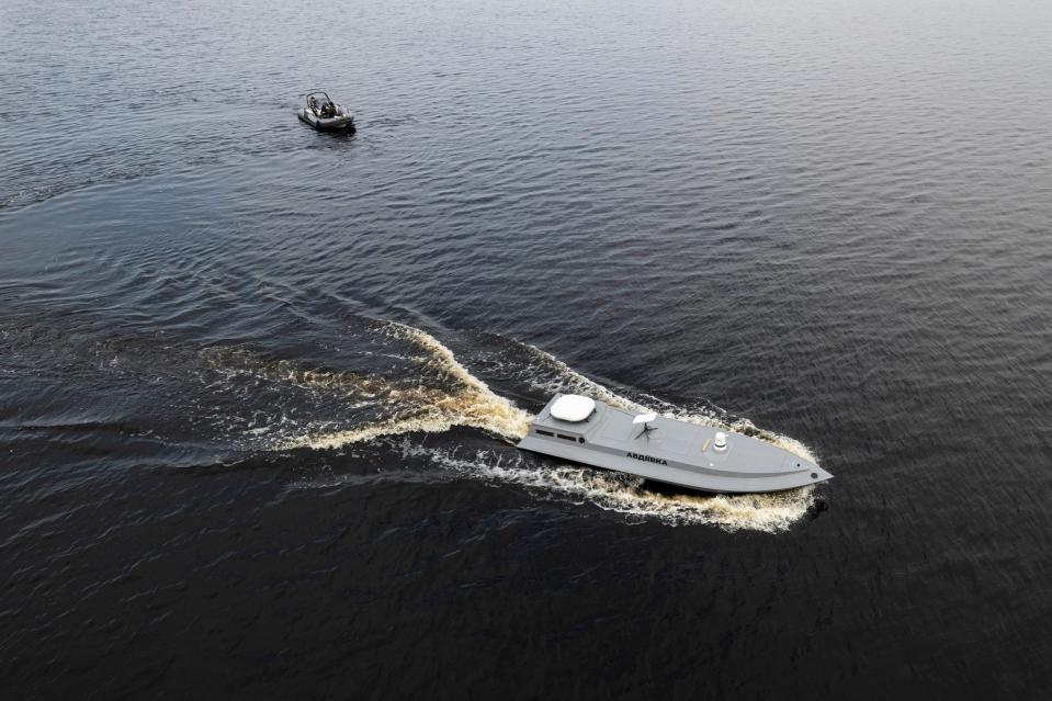 A sea drone cruises on the water during a presentation by Ukraine's Security Service in Kyiv region, Ukraine.