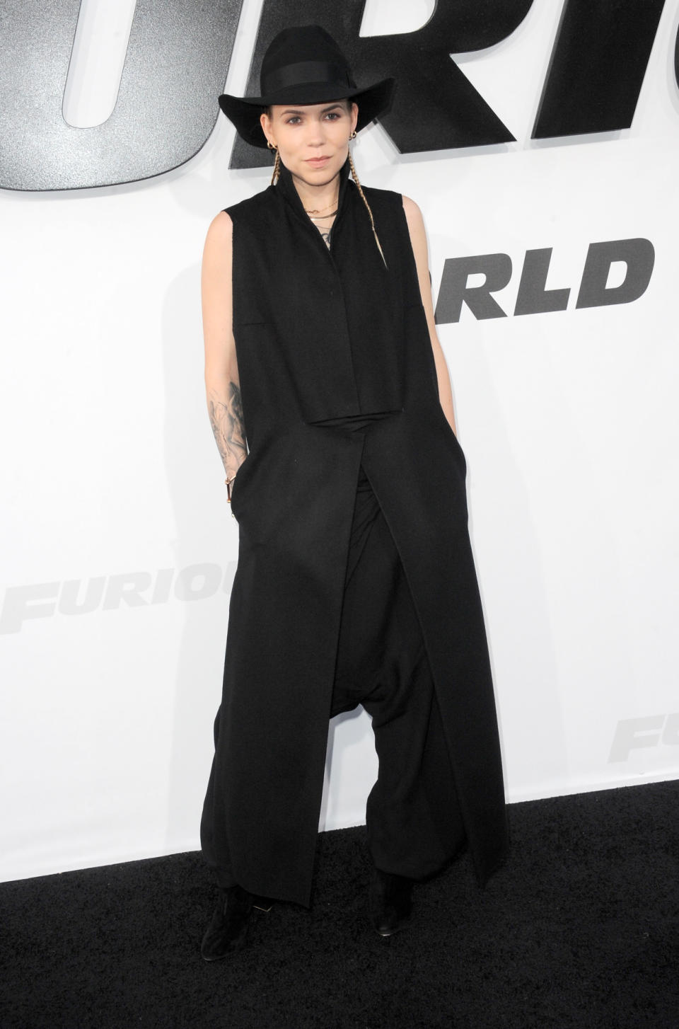 The artist, whose music “I Will Return” is featured on the “Furious 7” movie soundtrack, showed up to the premiere in a strikingly similar head-to-toe black look that she wears in the song’s music video.