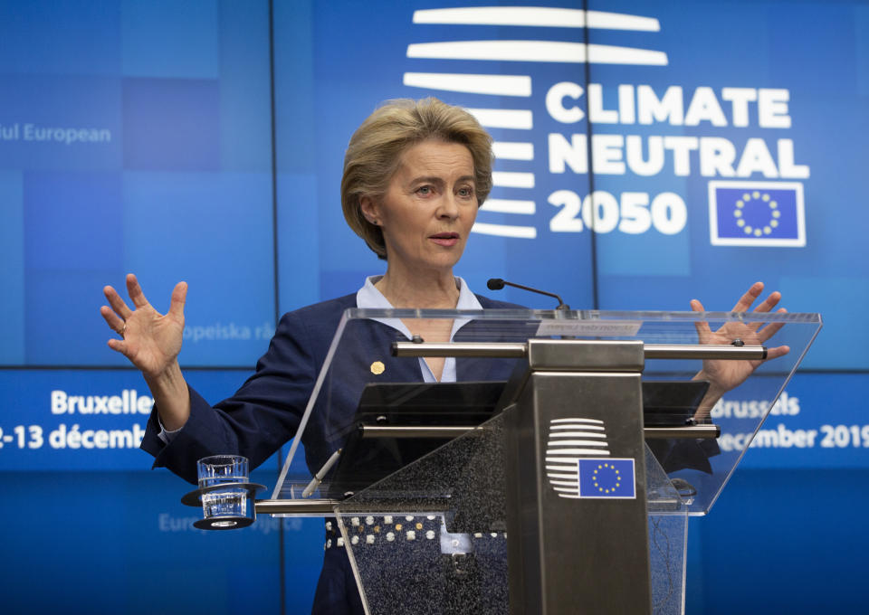 European Council President Ursula von der Leyen speaks during a media conference during an EU summit in Brussels, Friday, Dec. 13, 2019. European Union leaders gathered for their year-end summit and discussed climate change funding, the departure of the UK from the bloc and their next 7-year budget. (AP Photo/Virginia Mayo)