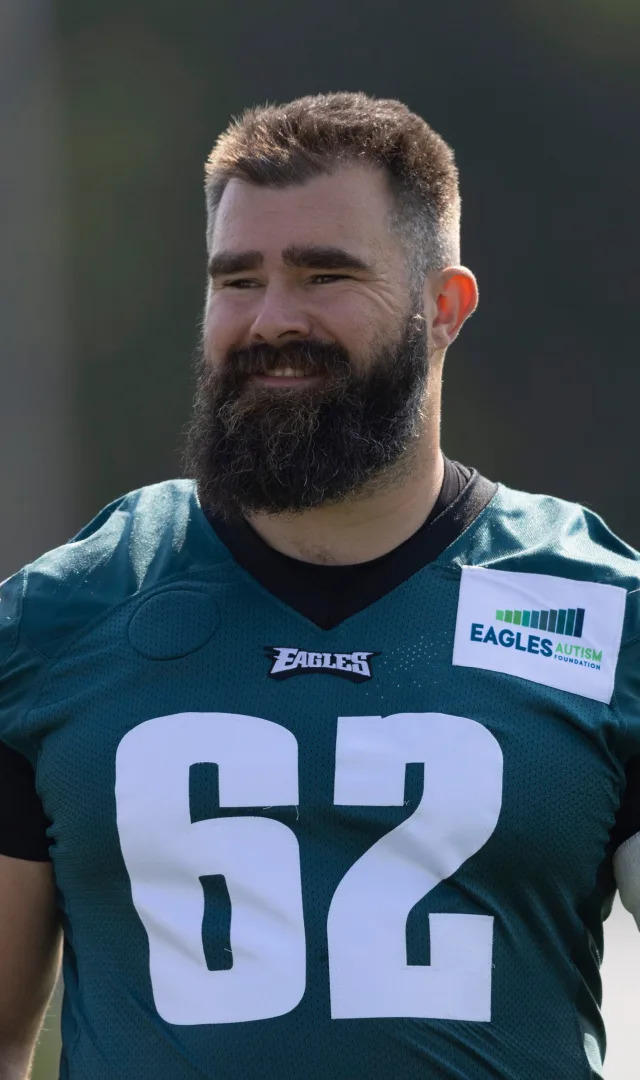 PHILADELPHIA, PA – JULY 28: Jason Kelce #62 of the Philadelphia Eagles looks on during training camp at the NovaCare Complex on July 28, 2021 in Philadelphia, Pennsylvania. <em>Photo by Mitchell Leff/Getty Images.</em>