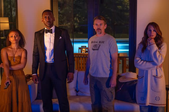 <p>JoJo Whilden/NETFLIX </p> Myha'la Herrold, Mahershala Ali, Ethan Hawke and Julia Roberts in 'Leave the World Behind,' 2023