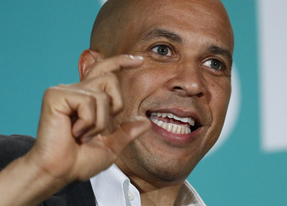 Democratic presidential candidate Sen. Cory Booker, D-N.J., speaks during a public employees union candidate forum Saturday, Aug. 3, 2019, in Las Vegas. (AP Photo/John Locher)