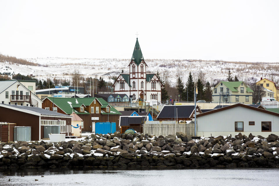 A view of Húsavík, Iceland appears on Thursday, April 8, 2021. "Húsavík (My Hometown)", a song from the film "Eurovision Song Contest: The Story of Fire Saga," is nominated for an Oscar for best original song. The people of Húsavík, a town of only 2,300, have staged a grassroots Oscar campaign on behalf of the song and adopted it as a de facto local anthem. (AP Photo/Brynjar Gunnarsson)