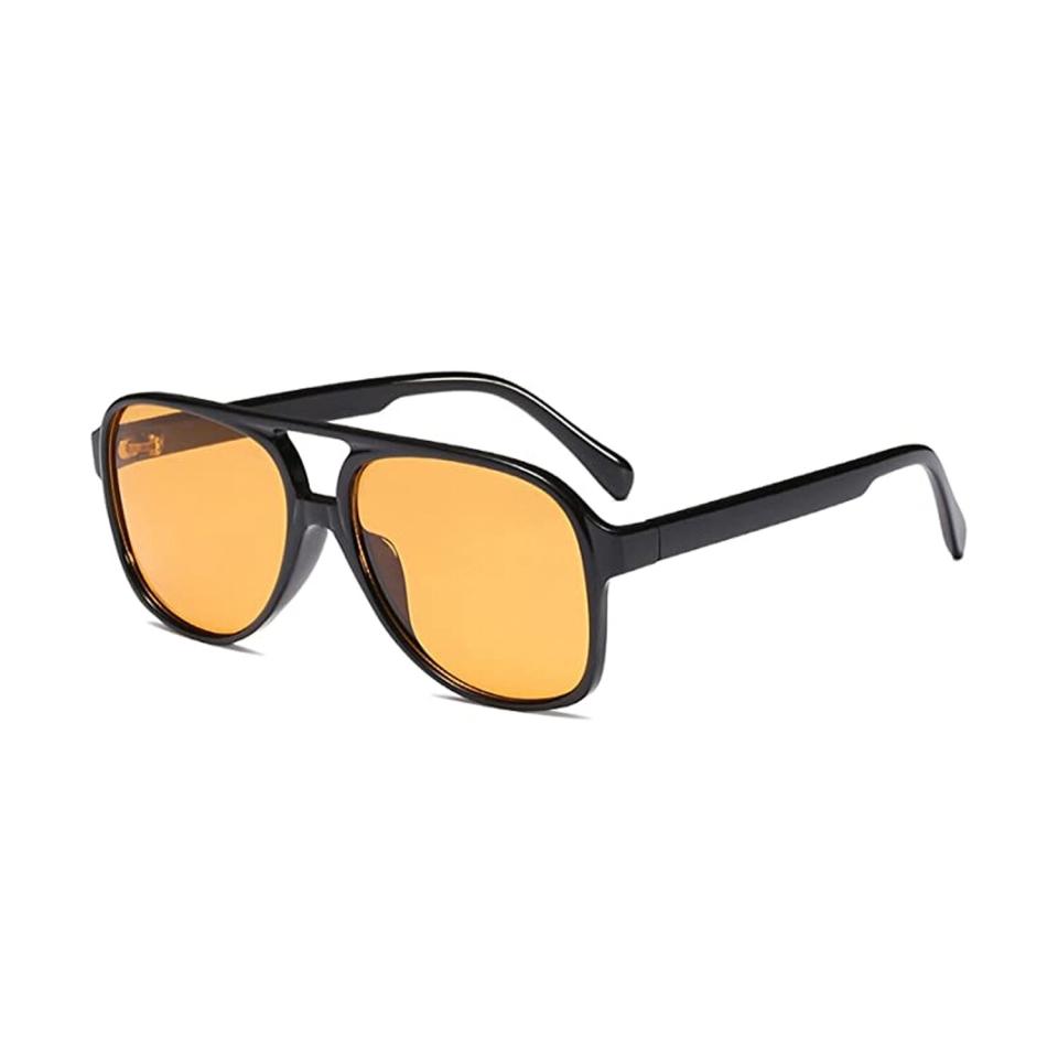 black aviator sunglasses with orange shades