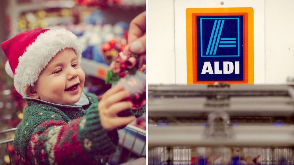 A baby smiling riding a trolley on the left, and an Aldi logo behind trolleys on the right. (Images: Getty/AAP) 