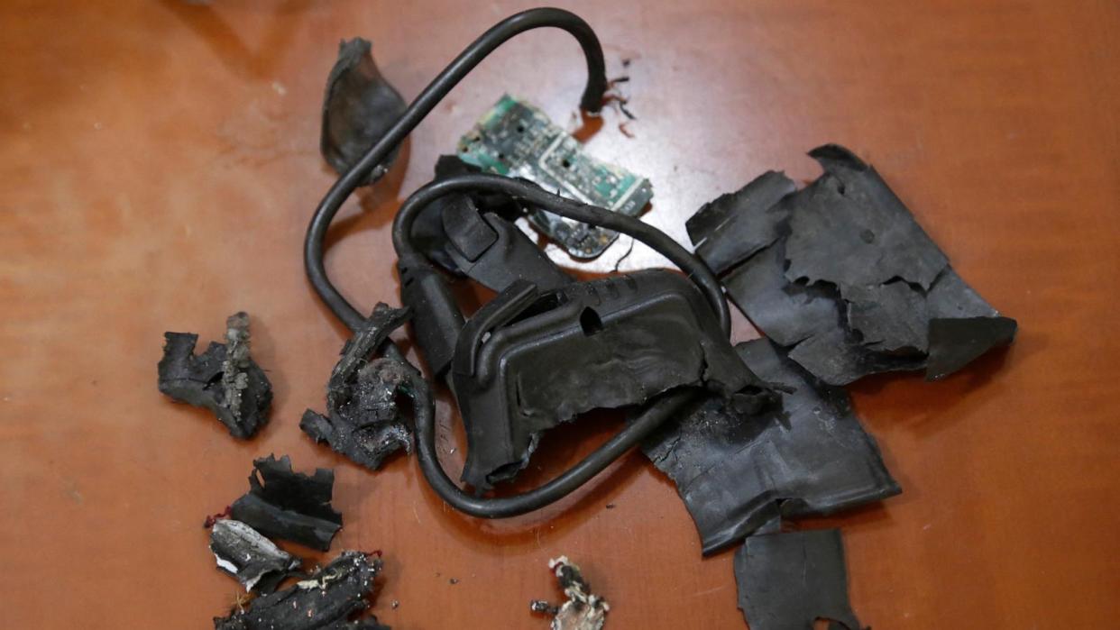 PHOTO: The remains of exploded pagers are seen in Beirut's southern suburbs Sept 18, 2024, after hundreds of pagers used by Hezbollah members exploded across Lebanon on Sept. 17, 2024, killing at least nine people. (AFP via Getty Images)