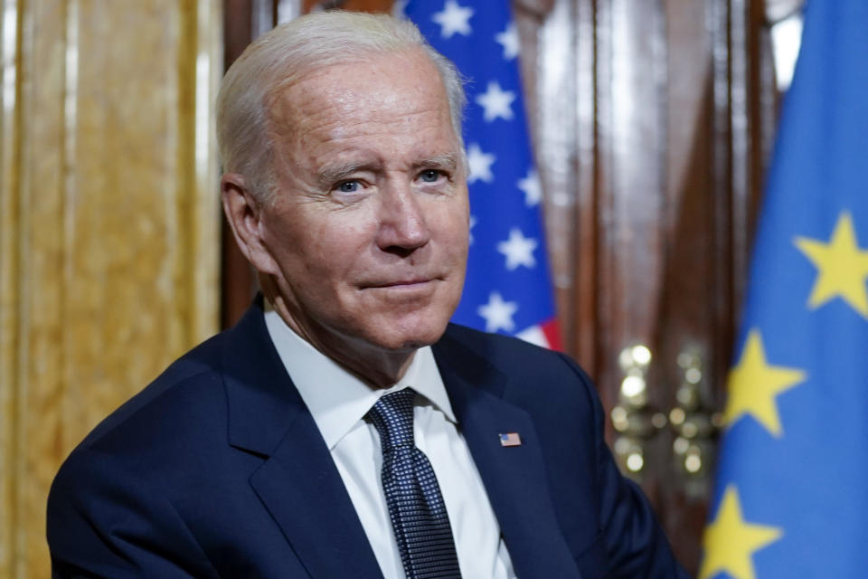 U.S. President Joe Biden looks on prior to a meeting with French President Emmanuel Macron at La Villa Bonaparte in Rome, Friday, Oct. 29, 2021. Biden attended Saturday Vigil Mass at St. Patrick's Church a day after telling reporters that Pope Francis told him he should continue to receive Communion, despite the opposition of some conservatives in the U.S. upset with his support for abortion rights. (AP Photo/Evan Vucci)