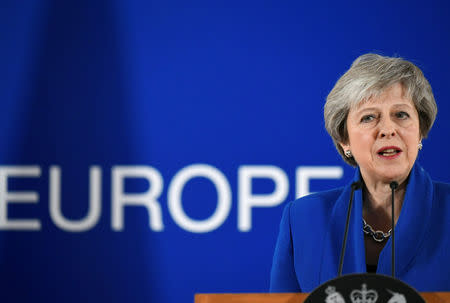 Britain's Prime Minister Theresa May attends a news conference after an extraordinary EU leaders summit to finalise and formalise the Brexit agreement in Brussels, Belgium November 25, 2018. REUTERS/Piroschka van de Wouw/Files