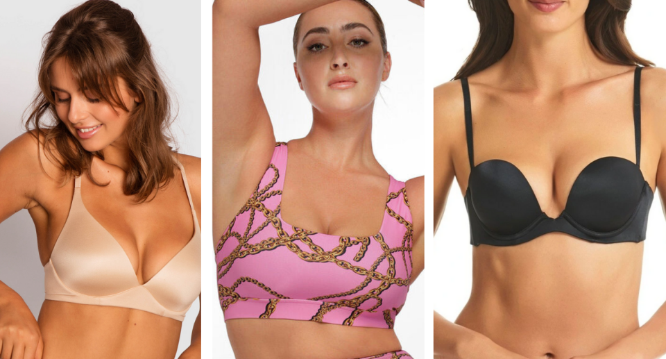 Three models wearing different bra types, a beige wire free bra, a pink and gold sports bra and black plunge bra.