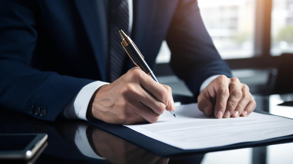 A close-up of a person signing a loan agreement, emphasising safety and legality of this company's fixed & floating rate loan services.