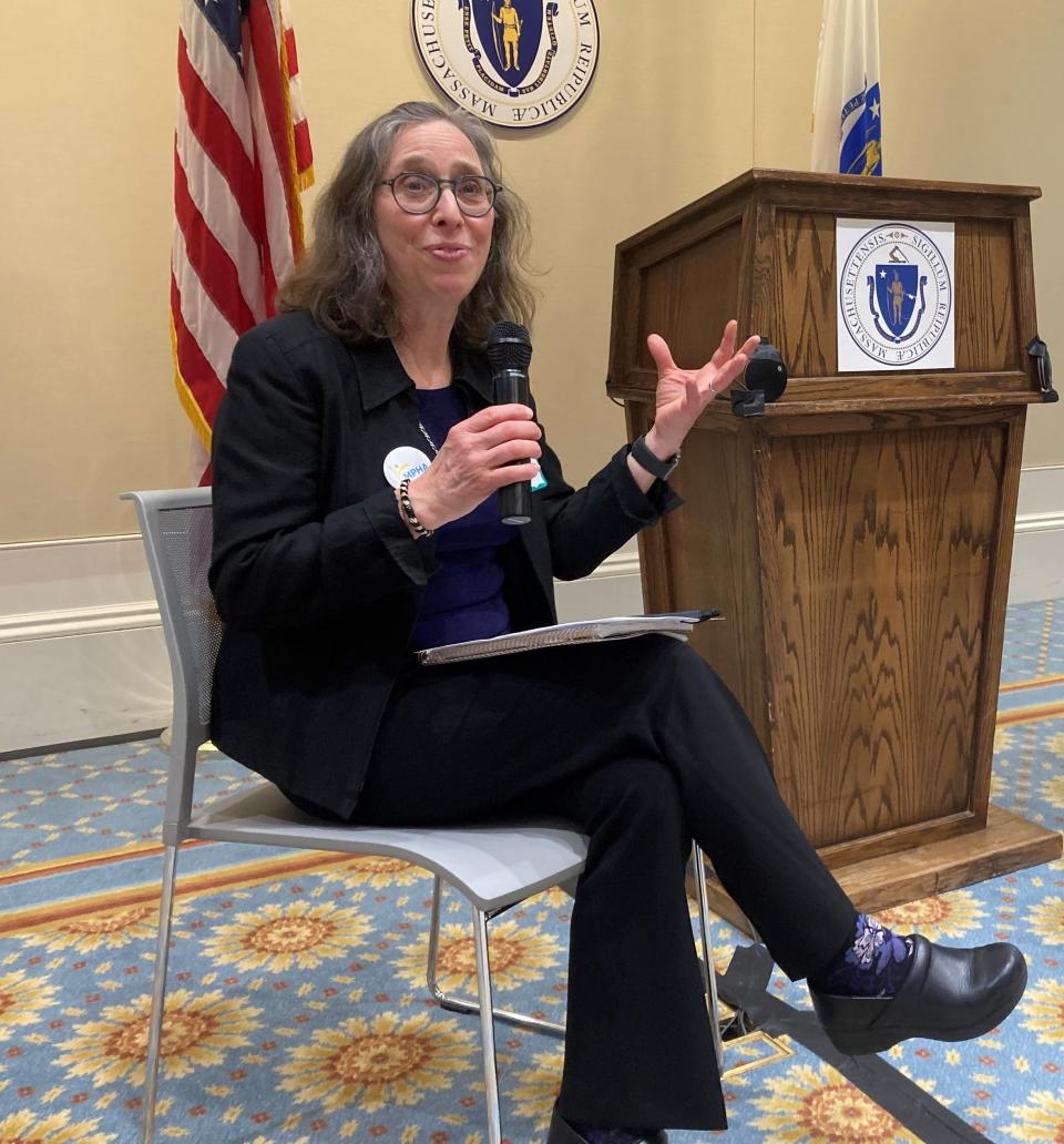 Sarita Hudson of the Public Health Institute of Western Massachusetts discusses the need for mitigation of indoor pollutants at the at Public Health Lobby Day Thursday in Boston.