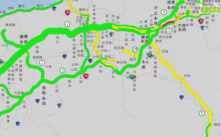 今天是清明連假首日，西部國道上午湧現車潮，多路段紫爆時速不到20公里；傍晚國道車潮紓解，多數路段車速可達60公里以上。（圖取自高公局1968網站)