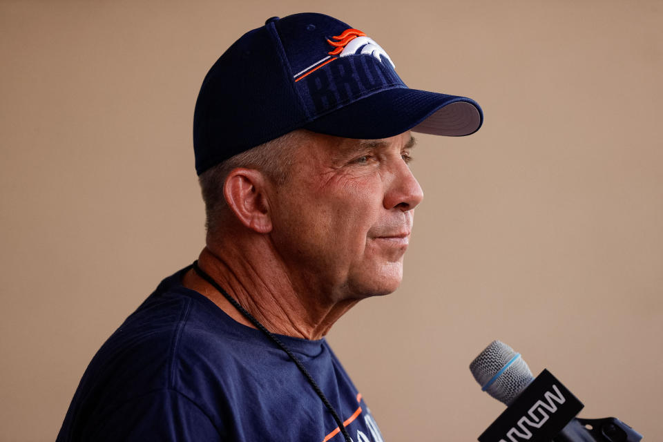 Jul 28, 2023; Englewood, CO, USA; Denver Broncos head coach Sean Payton dresses the media after training camp at Centura Health Training Center. Mandatory Credit: Isaiah J. Downing-USA TODAY Sports