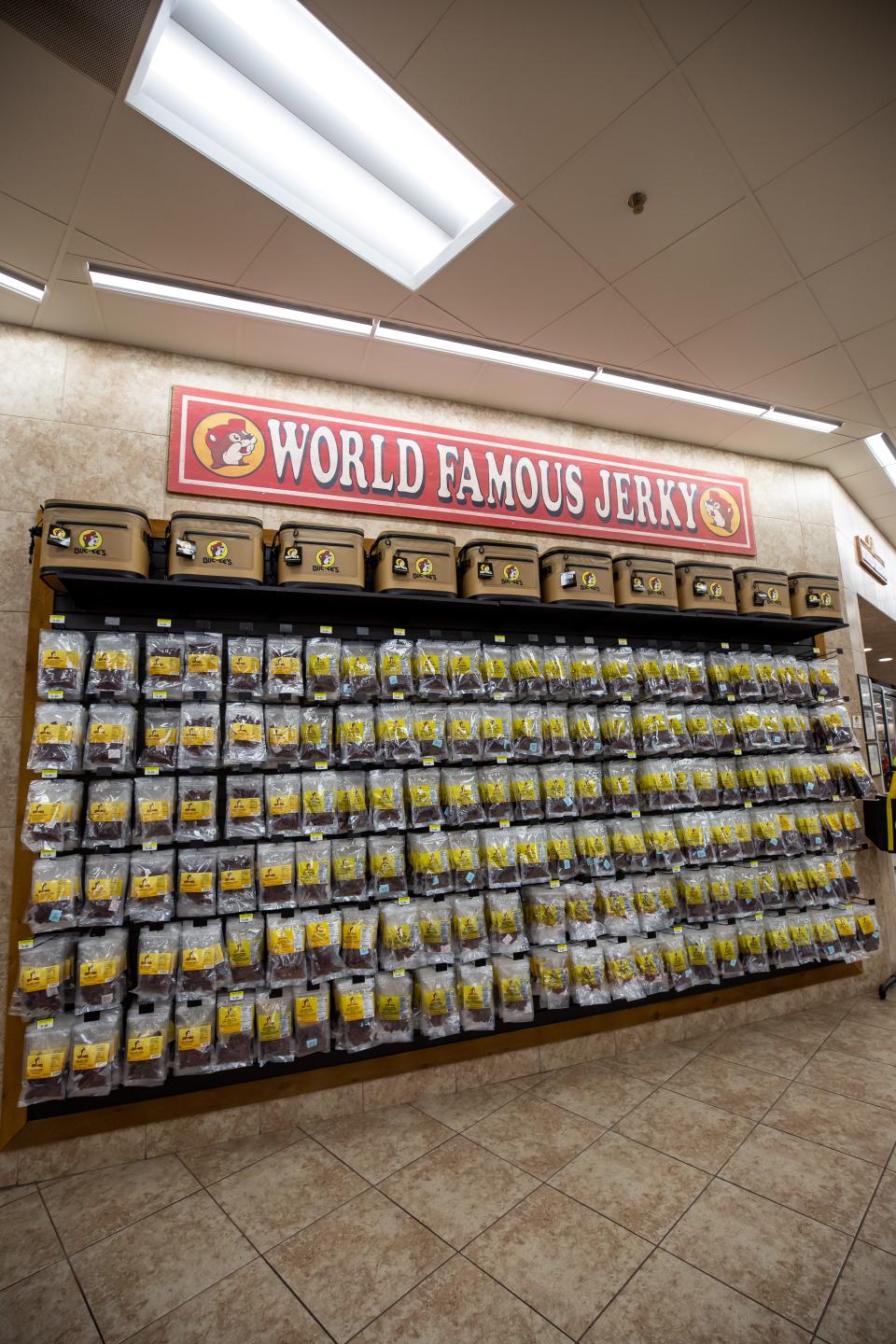 The wall of world-famous jerky is a stable at Buc-ee's locations.