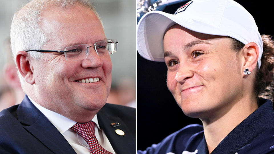 Pictured left is Australian Prime Minister Scott Morrison alongside a photo of retiring tennis star Ash Barty.