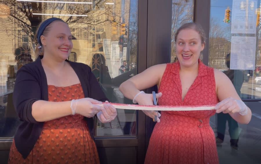 Co-owners of Chartreuse Sisters, Alyson and Mallory Mallory Caillaud-Jones, cut a guimauve "ribbon" to officially open their patisserie on Jan. 14, 2023.