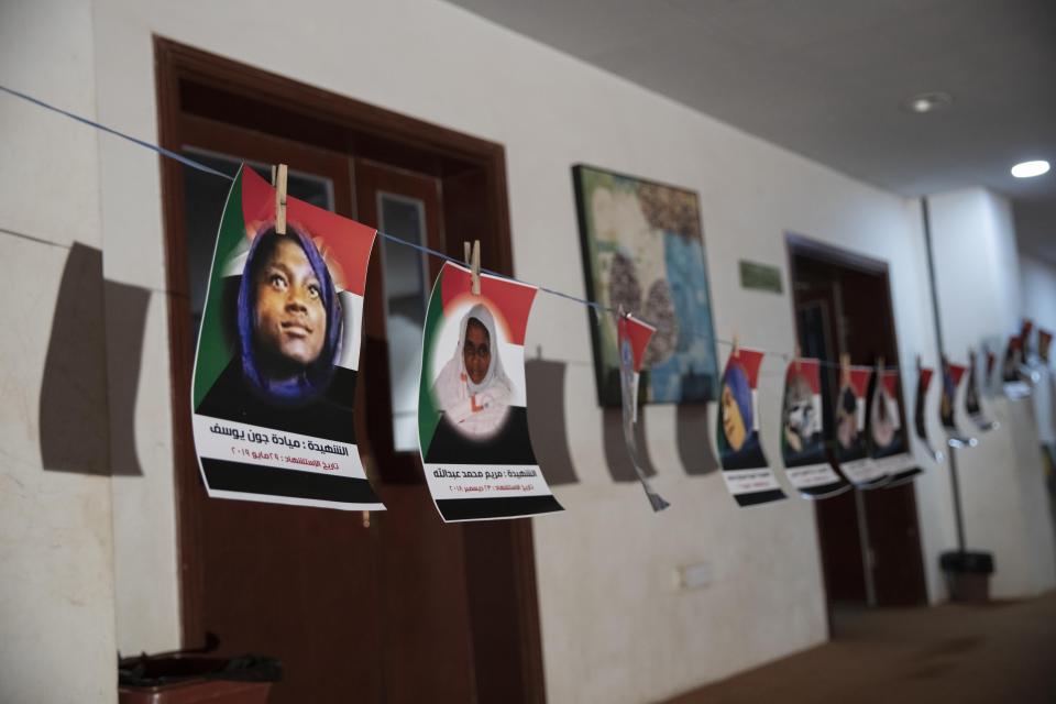 This Jan. 8, 2020 photo, shows posters of women who were killed during the 2019 revolution hanging at the entrance of a conference for women, that was organized by "The Guardians," in Omdurman, Khartoum's twin city, Sudan. In a rampage June 3, 2019, fighters from the paramilitary Rapid Support Forces and other troops tore apart a sit-in camp in Khartoum where crowds of protesters had been demanding for weeks that the military give up power. In the violence dozens of Sudanese women were raped and at least 87 people were killed. The women's traumas embody the terrible, often forgotten personal cost wreaked upon activists in crackdowns that have crushed pro-democracy movements around the Middle East in recent years. (AP Photo/Nariman El-Mofty)