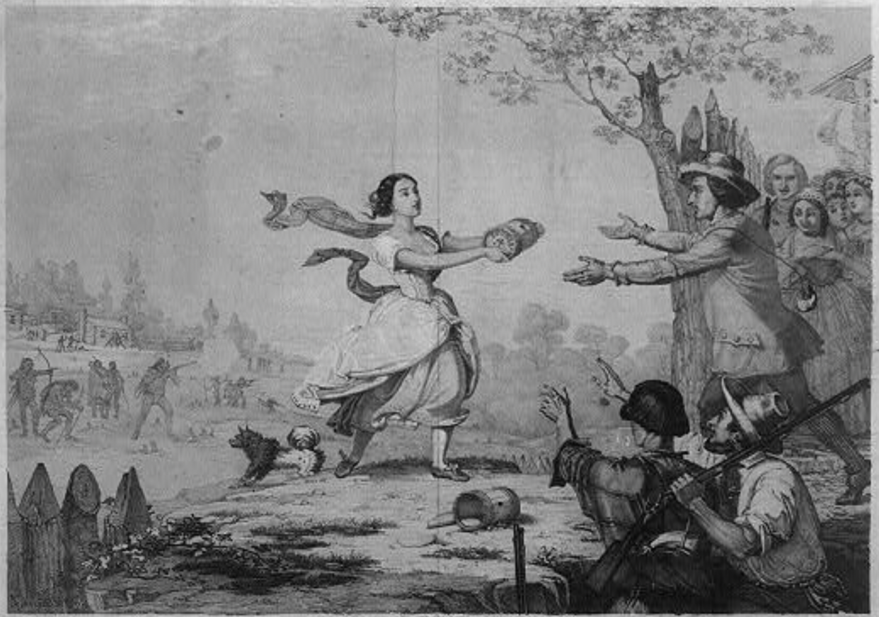 "Heroism of Miss Elizabeth Zane" depicts Elizabeth Zane's legendary feat of retrieving powder during the siege of Fort Henry during the American Revolutionary War. Lithograph by Nagel and Weingaertner. Public Domain.