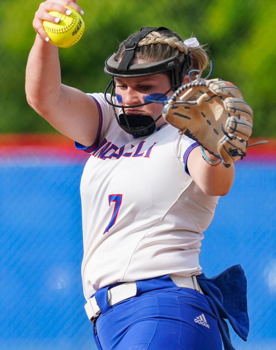 Roncalli Royals Keagan Rothrock (7) pitches the ball during the IHSAA class 4A regional championship on Tuesday, May 30, 2023, at Roncalli High School in Indianapolis. The Roncalli Royals defeated the Avon Orioles, 9-1. 