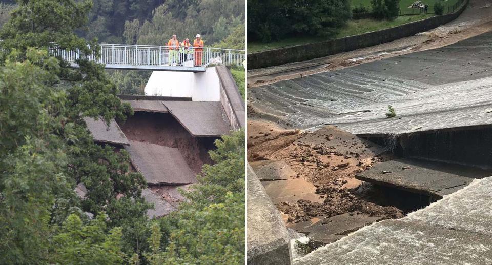 Images show structural damage to the dam, which holds back the Toddbrook Reservoir in Derbyshire (PA)