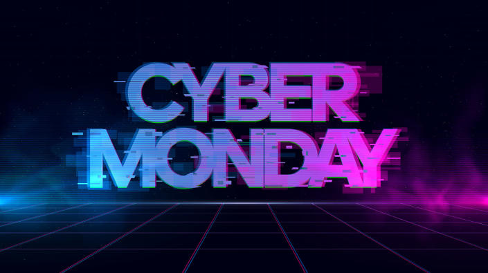 Cyber Monday banner glowing in blue and pink