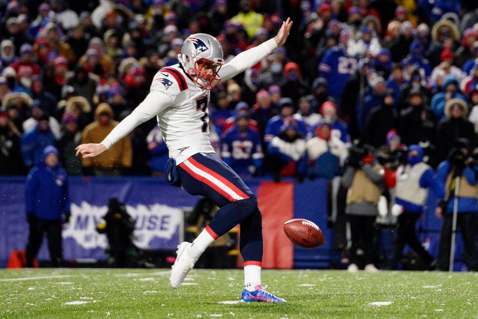 The Patriots' Jake Bailey punts during the first half against the Buffalo Bills on Dec. 6 in Orchard Park, N.Y.