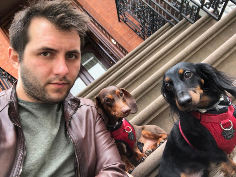 Mike Chiaravalloti, a self-employed dog walker in New York City, had 14 gig workers on staff. The demand had been at its peak prior to the coronavirus pandemic, with 65 dogs to walk per week. Now, his company Sticks and Bones NYC is down to zero walks and has pivoted to concierge services (Photo: Mike Chiaravalloti)