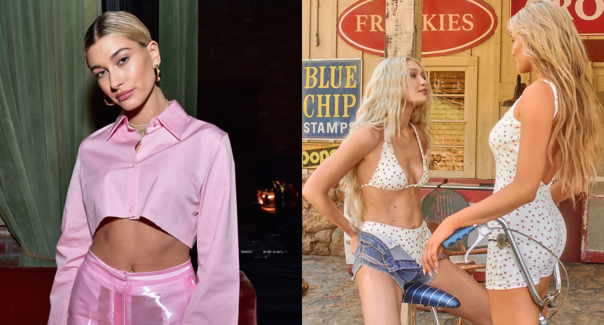 Hailey bieber and gigi hadid, hailey bieber wearing pink crop top and pink pants, gigi hadid wearing white frankinis bikinis bikini 