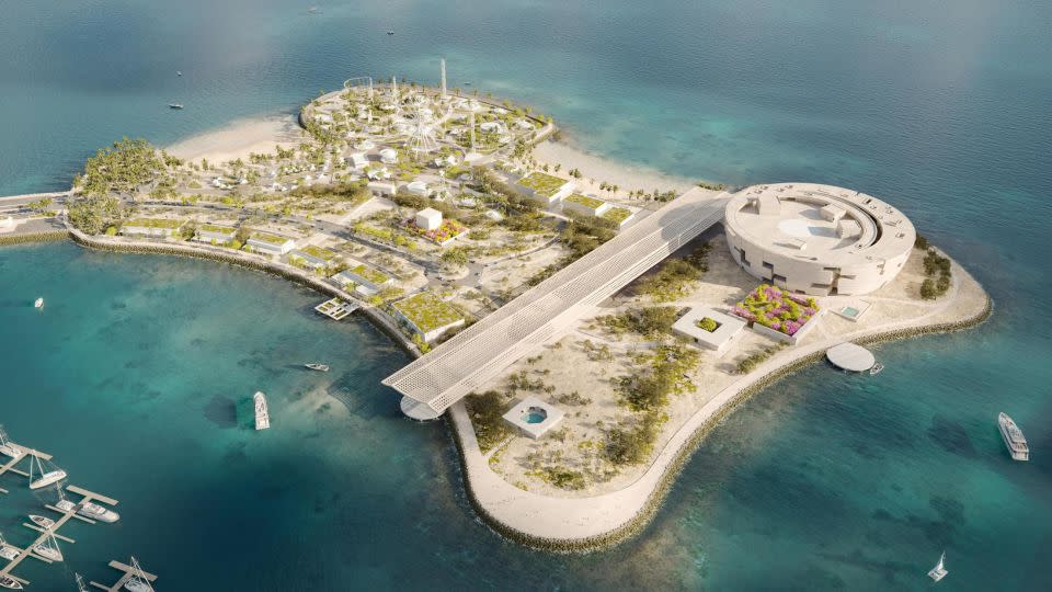 The museum will be located on Al Maha Island, shown in this rendering. Situated off the coast of Lusail, it is already home to an amusement park. - Herzog & de Meuron