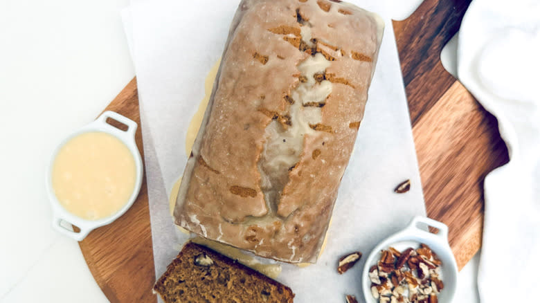 sliced cake with pecans