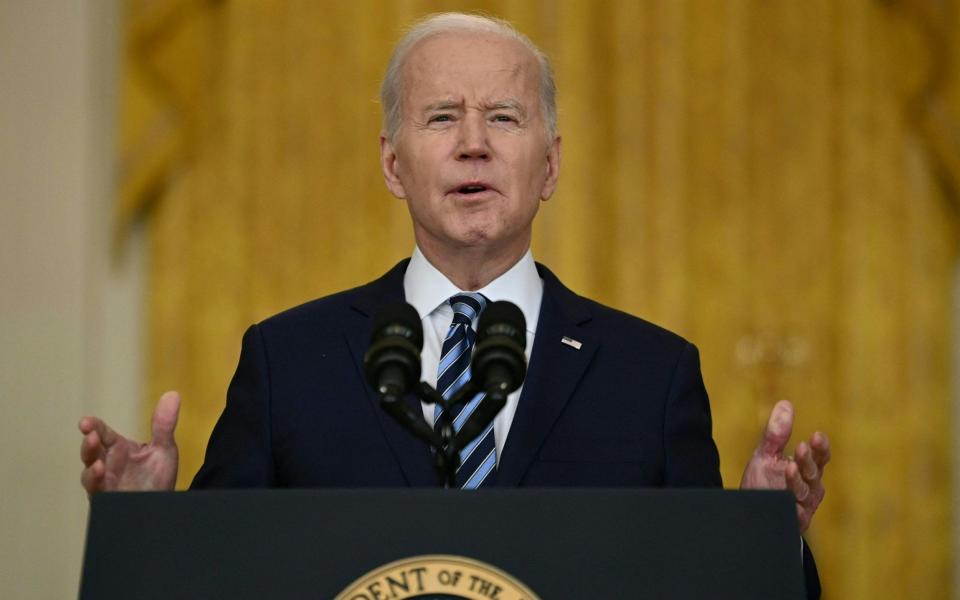 US President Joe Biden addresses the Russian invasion of Ukraine, from the East Room of the White House  - BRENDAN SMIALOWSKI/AFP via Getty Images