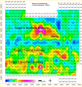 FIGURE 5: PLAN VIEW OF CHARGEABILITY ANOMALIES AT MATILDE AT 230 M LEVEL