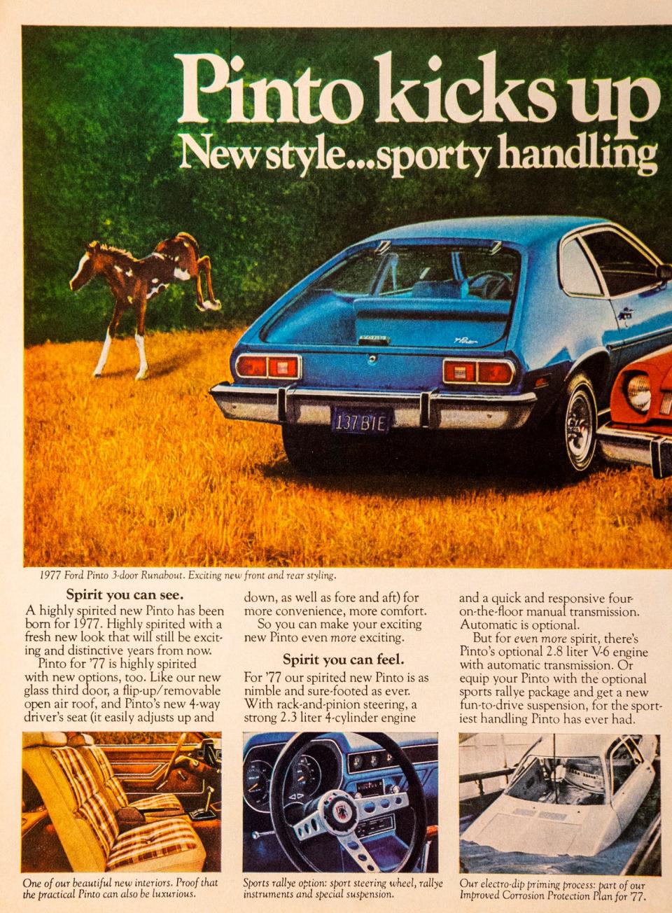 The Ford Pinto: "Spirit you can see, spirit you can feel." Yep, that's a Pinto pony there on the left.