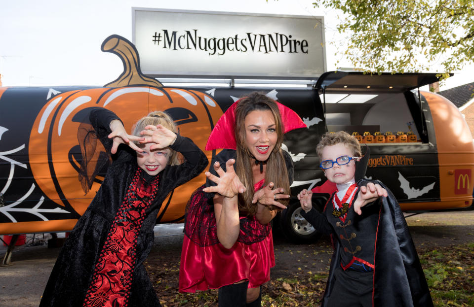 Michelle Heaton and her children Faith and AJ attend McDonald's #McNuggetsVANPire Halloween party in Southampton. PA Photo. Picture date: Sunday October 27, 2019. In McDonaldÕs restaurants and drive-thrus up and down the UK until 31st October, children can also enjoy Limited-Edition McDonaldÕs Halloween activity packs which include scary masks, balloons, stickers, a creepy colouring-in tablecloth and crayons. Photo credit should read: Paul Harding/PA Wire (Photo by Paul Harding/PA Images via Getty Images)