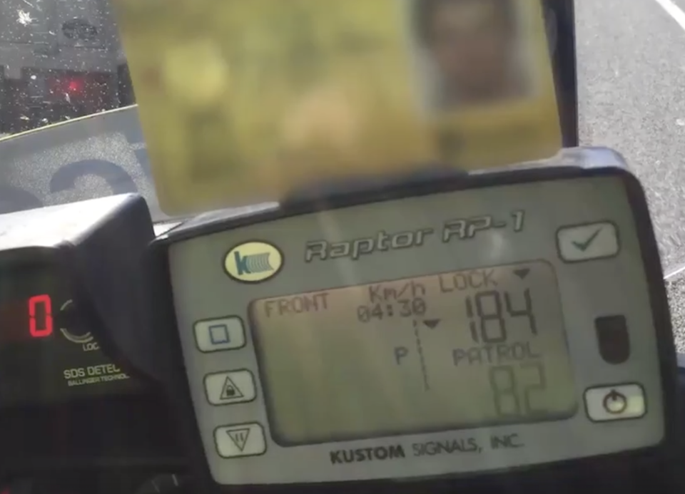 A still image of the officer's speed detector indicating the driver was clocked at 184km/h. 