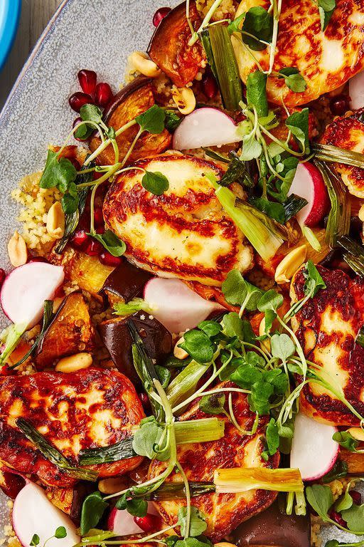 <p>Halloumi, <a href="https://www.delish.com/uk/cooking/recipes/g28961707/aubergine-recipes/" rel="nofollow noopener" target="_blank" data-ylk="slk:aubergine;elm:context_link;itc:0;sec:content-canvas" class="link ">aubergine</a>, harissa and pomegranate seeds are a match-made in heaven. We love this halloumi salad, it's healthy, filling and perfect for lunch, dinner or as part of a feast. </p><p>Get the <a href="https://www.delish.com/uk/cooking/recipes/a30271089/halloumi-salad/" rel="nofollow noopener" target="_blank" data-ylk="slk:Aubergine, Harissa and Halloumi Salad;elm:context_link;itc:0;sec:content-canvas" class="link ">Aubergine, Harissa and Halloumi Salad</a> recipe.</p>